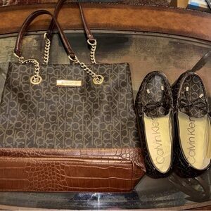 CALVIN KLEIN Flats Faux Leather Brown Logo Bow Size 8.5 & Matching Purse Set